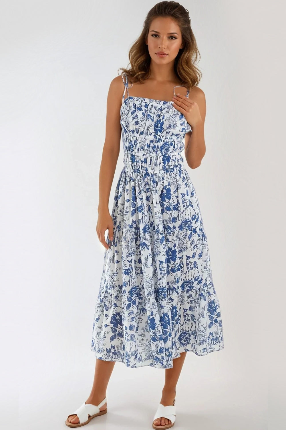 Blue Floral Print Cami Midi Dress-0