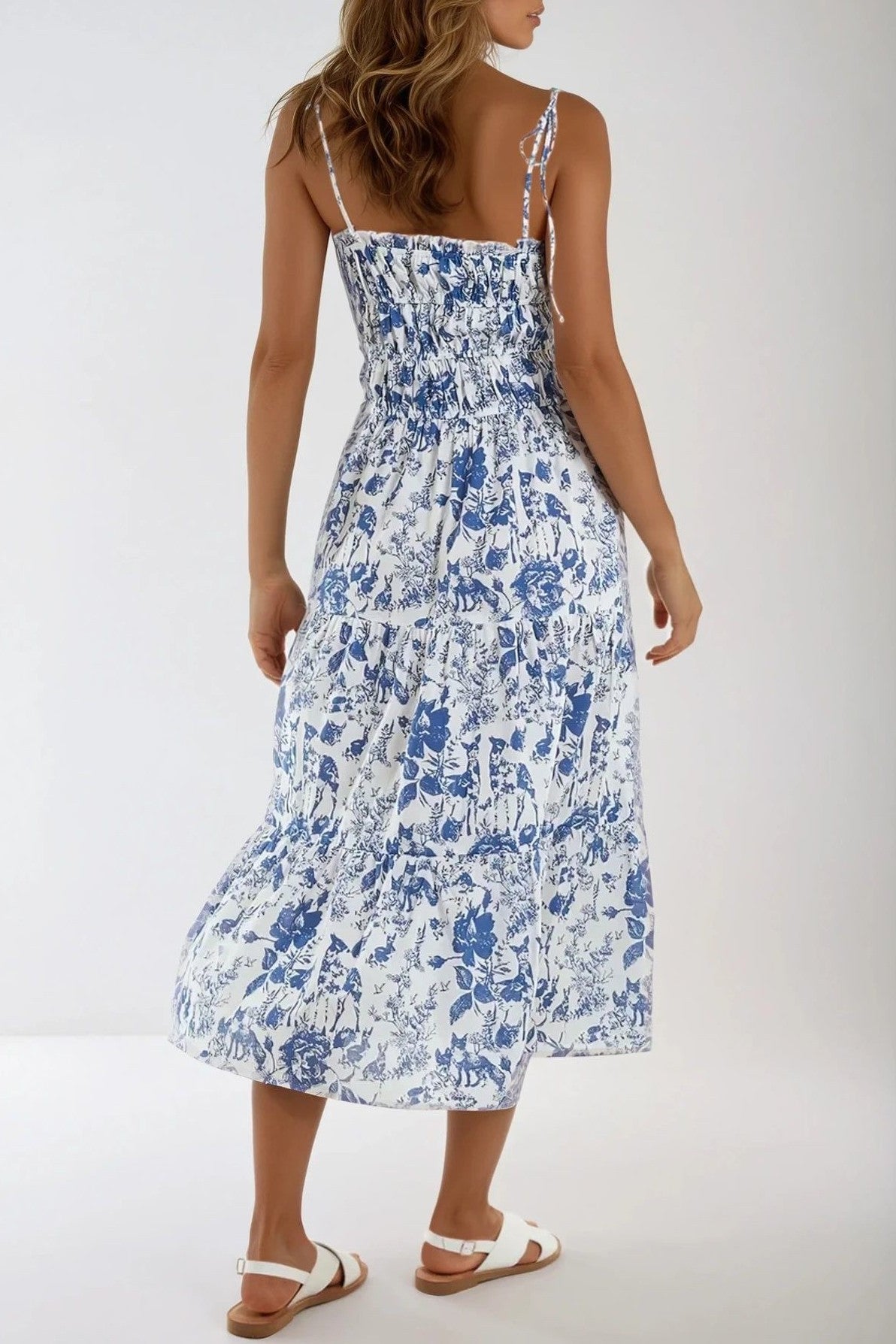 Blue Floral Print Cami Midi Dress-2