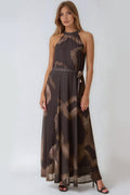 Brown Halterneck Belted Maxi Dress-0