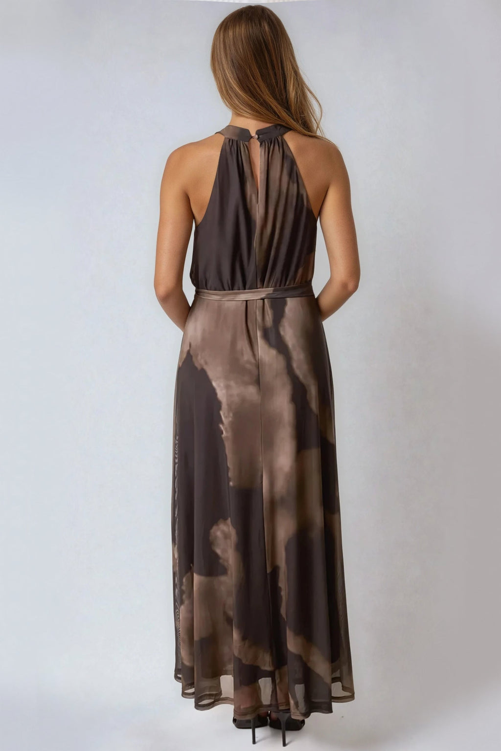Brown Halterneck Belted Maxi Dress-2