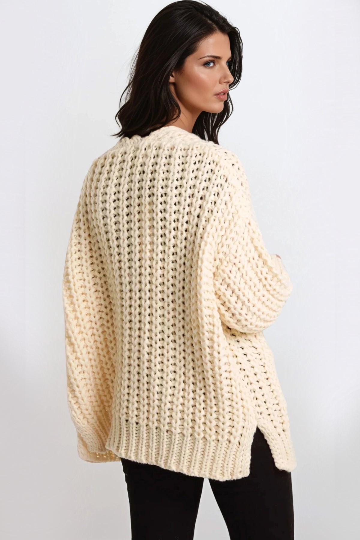 Cream Chunky Knit Cardigan With Pockets-2