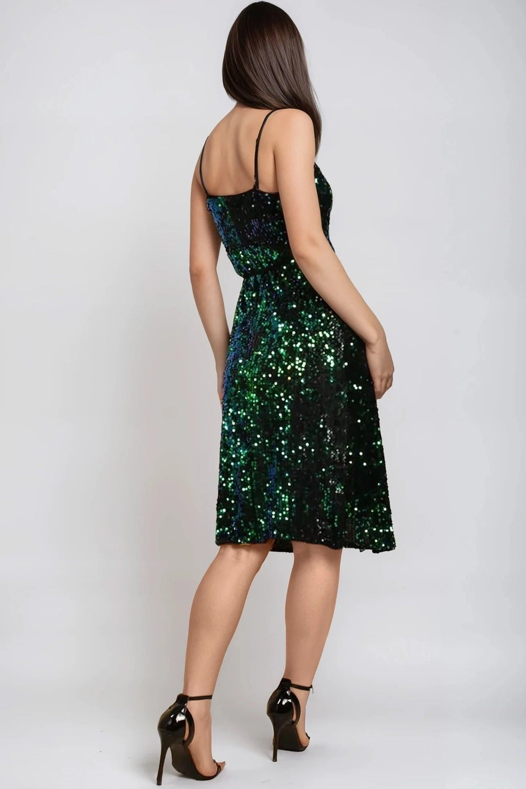 Green Sequin Velvet Wrap Dress-3