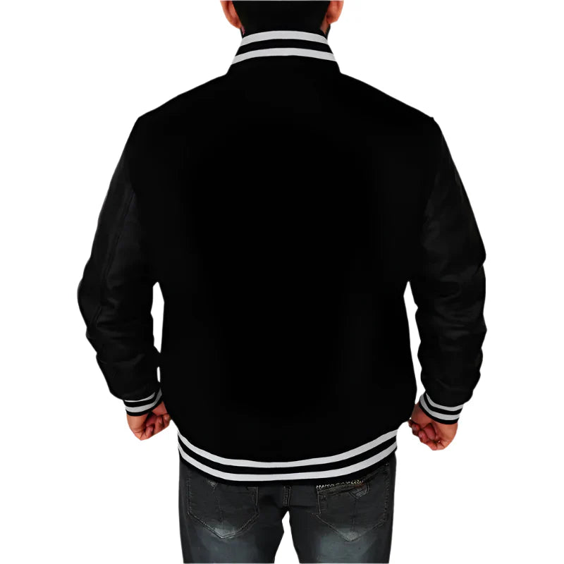 Men's BBC Letterman Black Varsity Jacket with Leather Sleeves-1