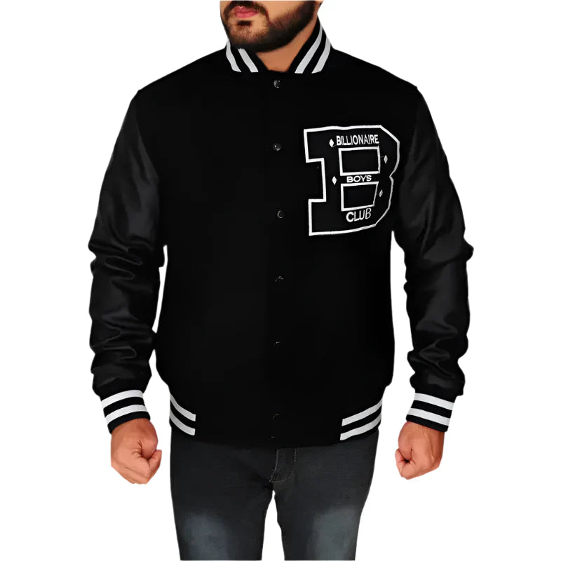 Men's BBC Letterman Black Varsity Jacket with Leather Sleeves-4