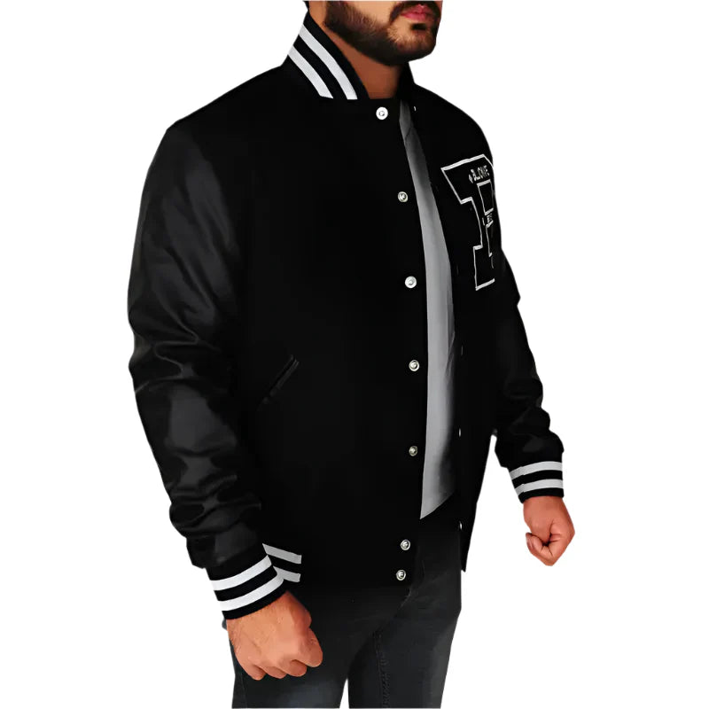 Men's BBC Letterman Black Varsity Jacket with Leather Sleeves-2