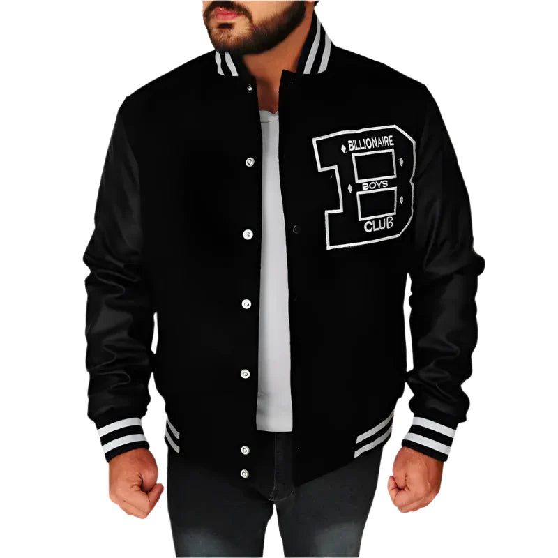 Men's BBC Letterman Black Varsity Jacket with Leather Sleeves-0