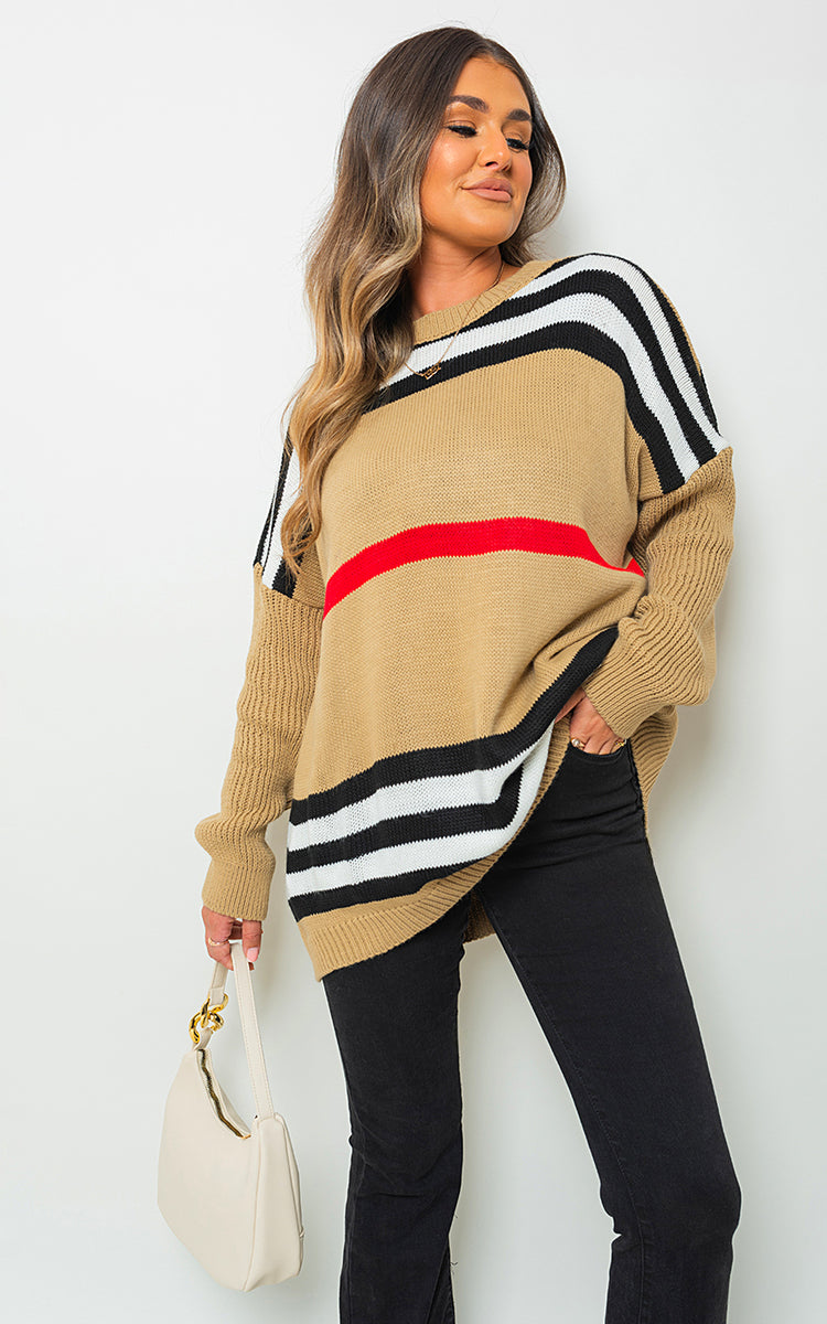Oversized Striped Long Sleeve Knitted Jumper-3