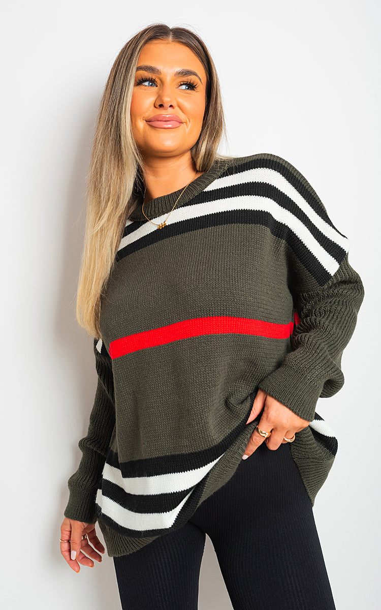 Oversized Striped Long Sleeve Knitted Jumper-11