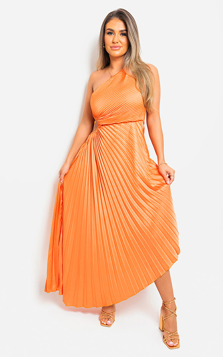 One Shoulder Cut Out Pleated Party Dress-2