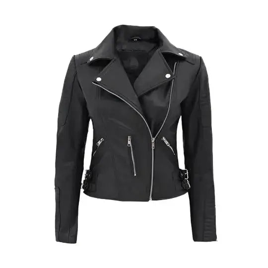 Women’s Nikki Roumel Black Leather Biker Jacket-0